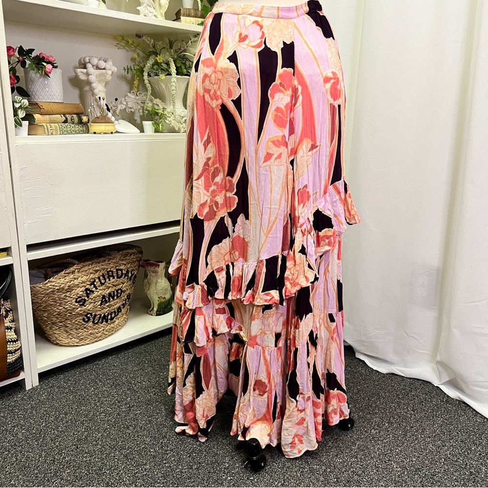 Free People Bring Back The Summer Ruffle Maxi Skirt Pink and Purple Floral